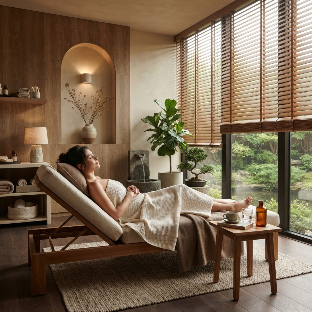 Sala de relajación de Serenique con luz natural y decoración zen